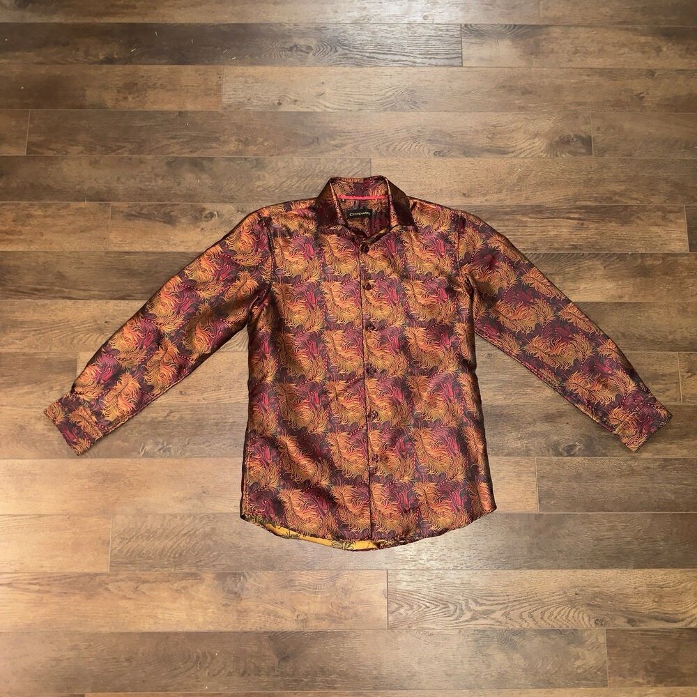 Centenario Satin Paisley Dress Shirt Mens M Red Orange Baroque Button Up